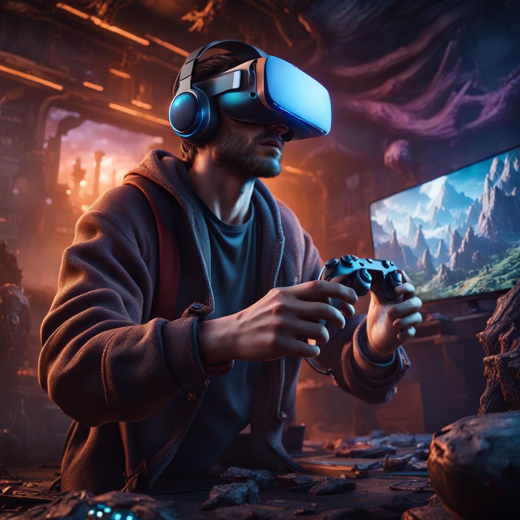 Gamer Immersed in VR World: Fantasy Concept Art