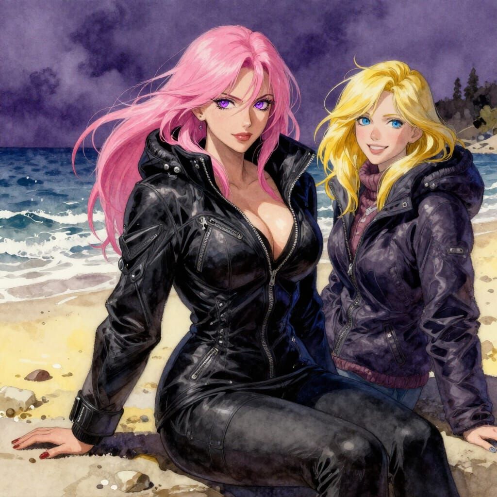 Winter Beach Scene with Pink Haired Woman in Watercolor Styl...