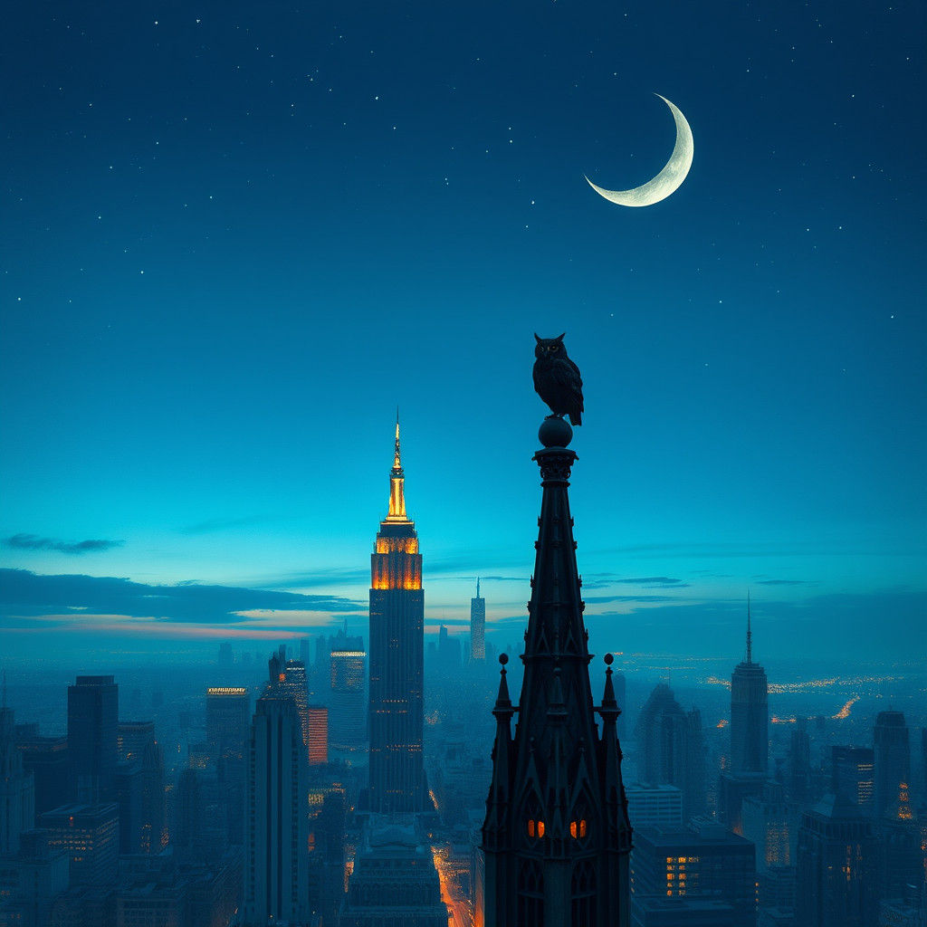Cityscape at Dusk with Owl in Syd Mead Style