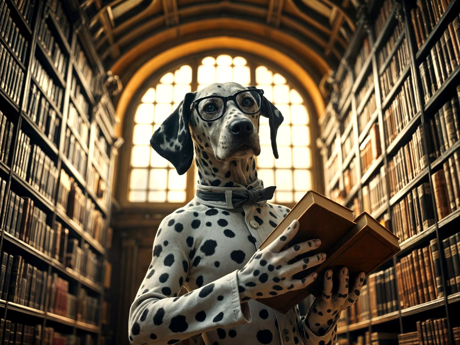 Librarian Dalmatian in a Grand Library Setting