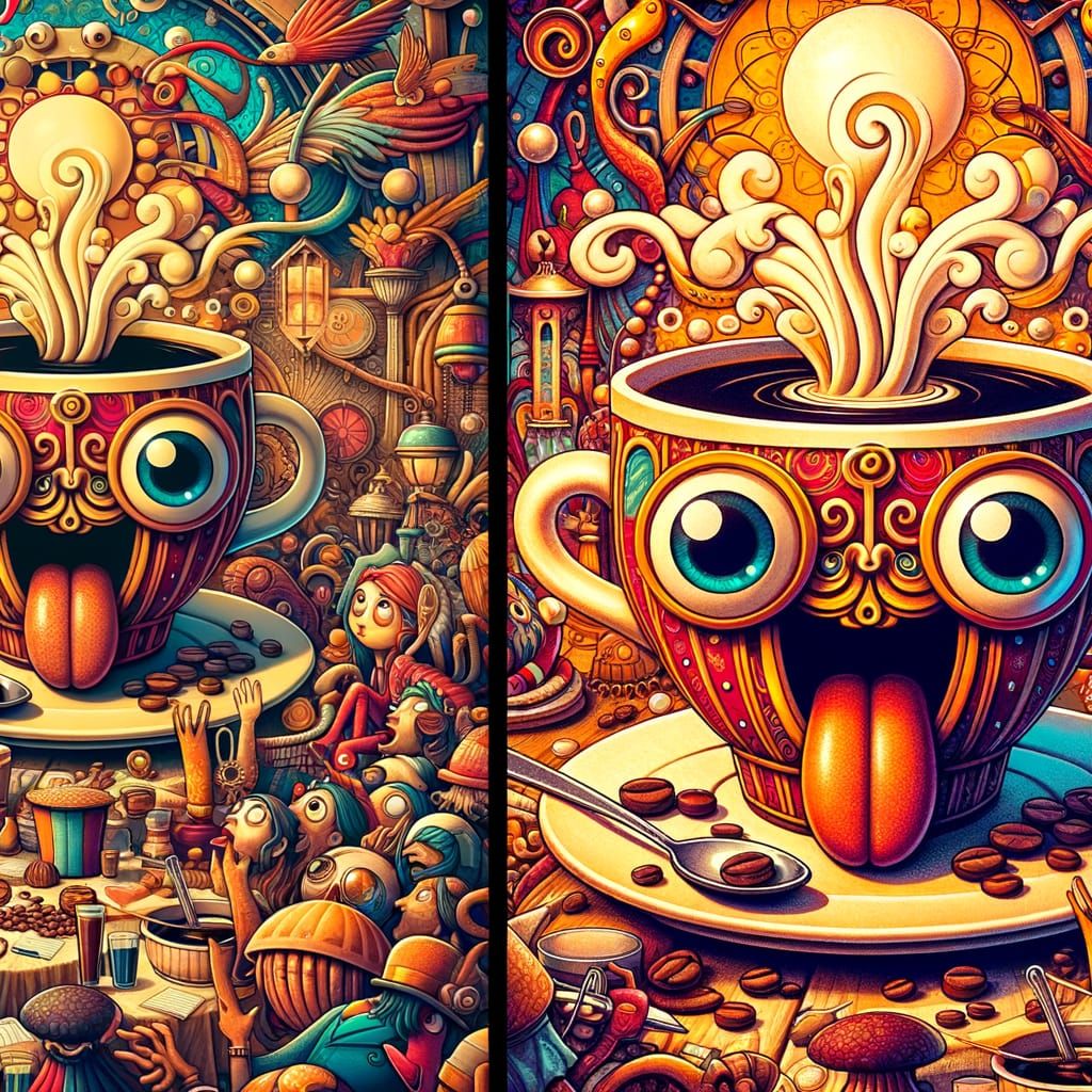 Whimsical Coffee Cup Sips from Its Own Rim in a Cozy, Vibran...