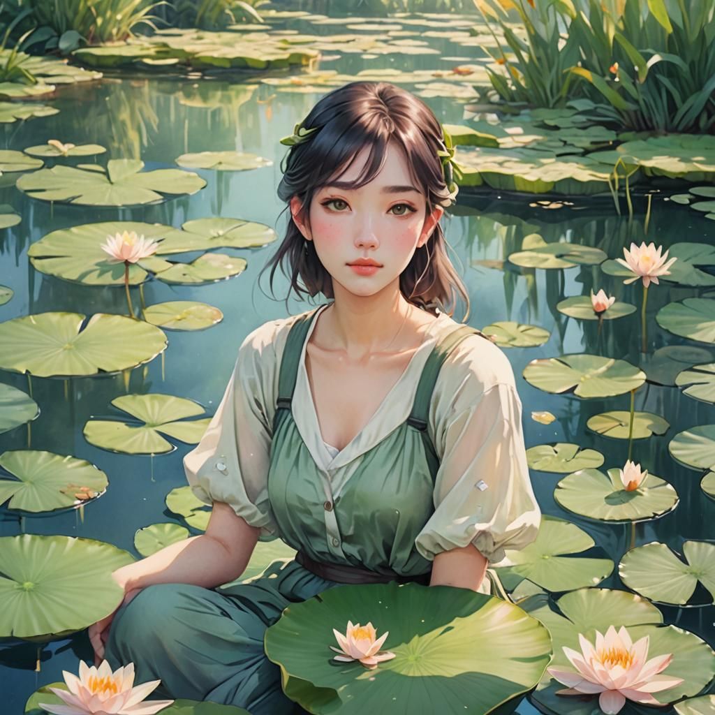 Anime Girl on Lily Pad in Watercolor Style