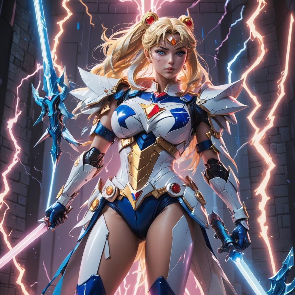Futuristic Sailor Moon Warrior with Sword Wall