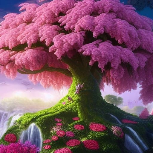 Hyperrealistic Flowering Tree in a Fantasy Landscape