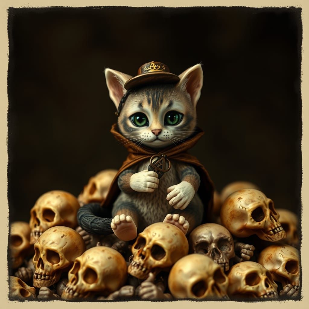 Gothic Persian Cat as Grim Reaper on Skulls