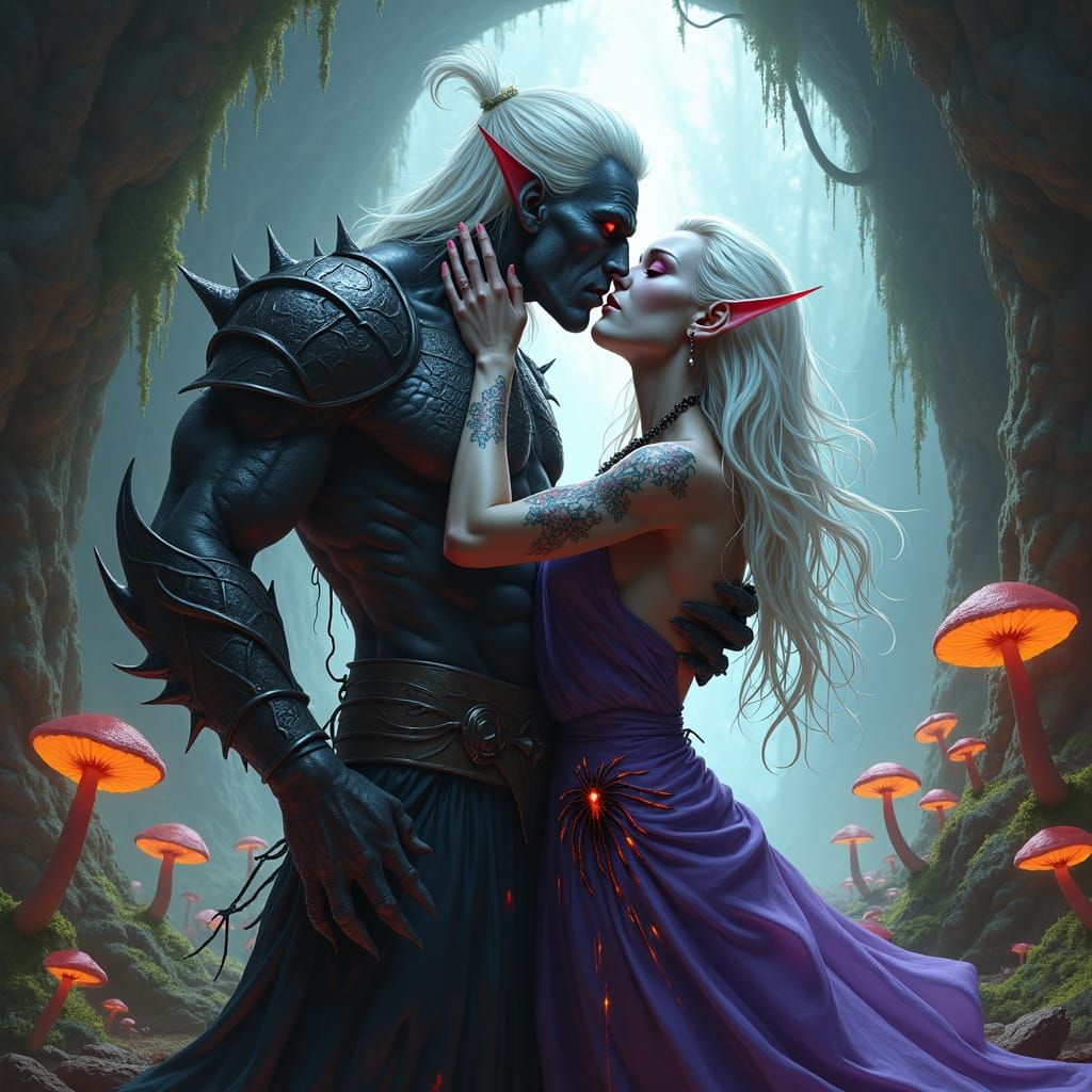 Drow Elf Couple Kissing in Subterranean Grotto