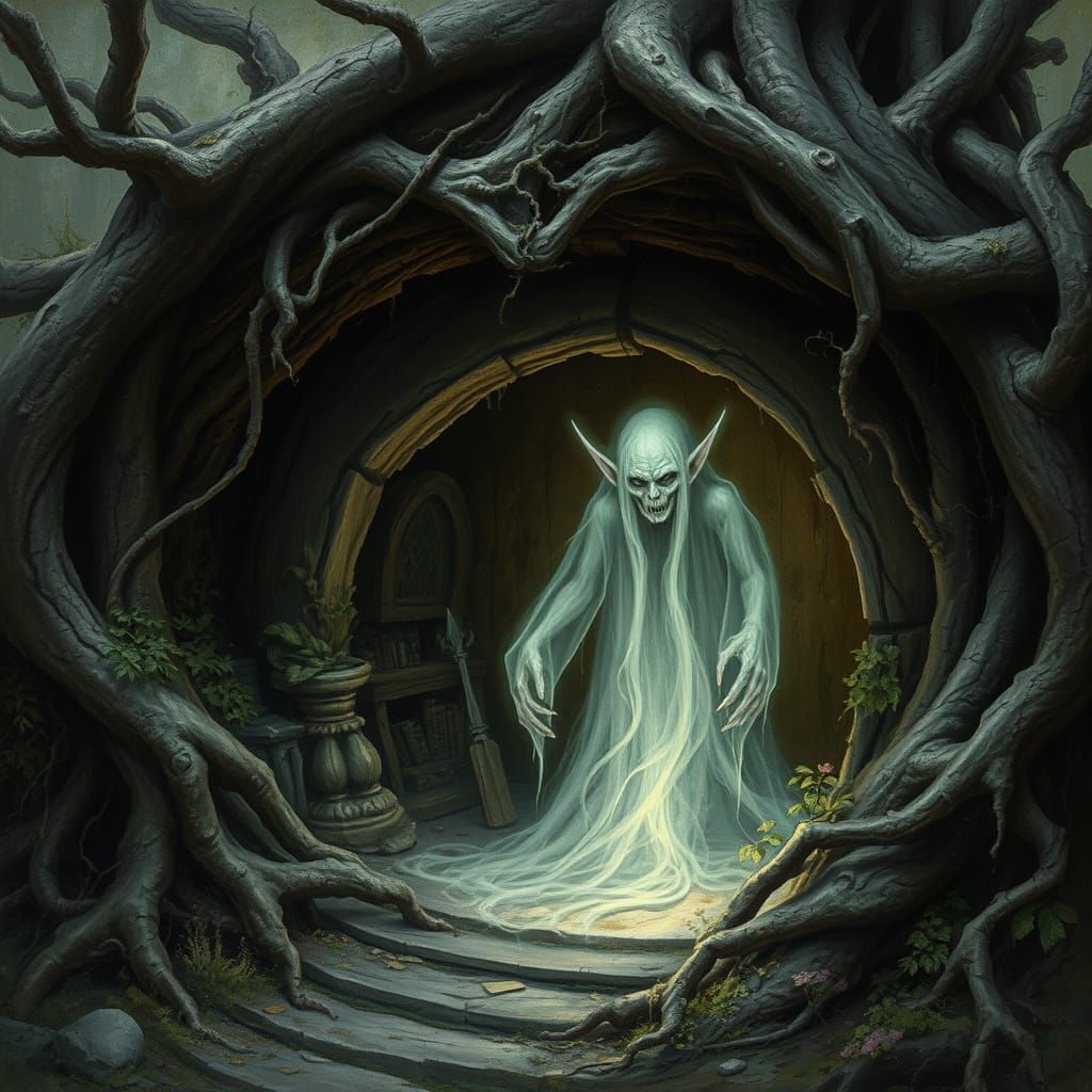 Ghostly Elf in a Haunting, Abandoned Hobbit Home