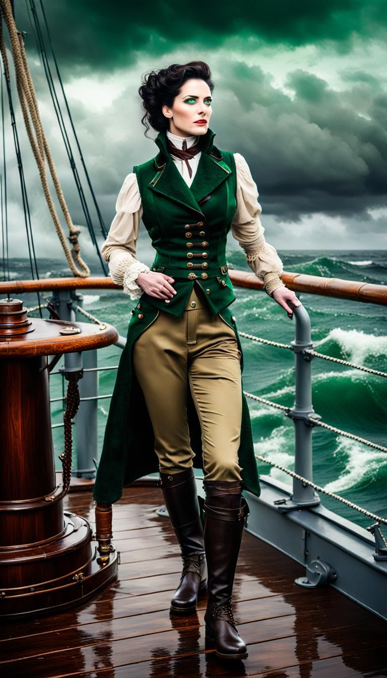Steampunk Irish Woman on Stormy Ship Deck
