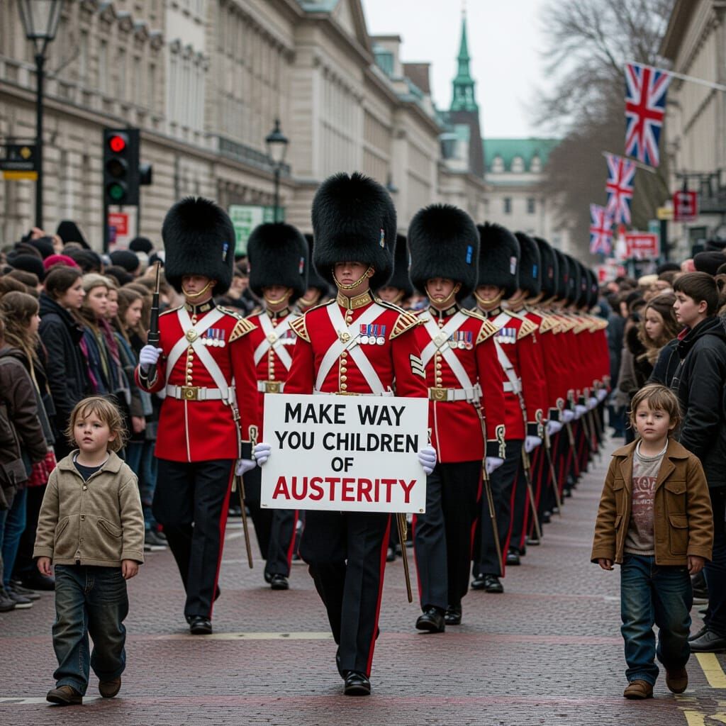 Dystopian Satire: Queen's Guard Among Austerity's Children