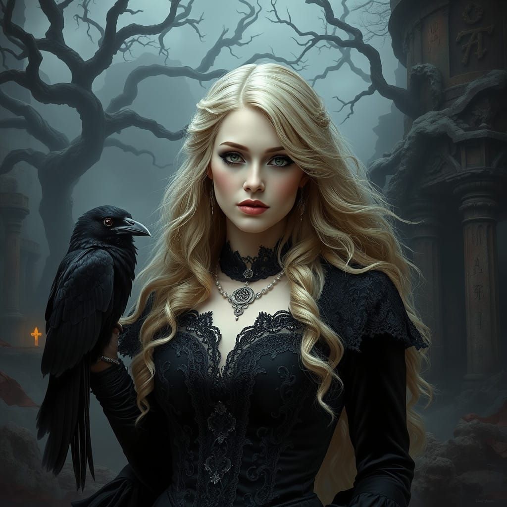 Goth Victorian Beauty Poses with Majestic Raven in Mysteriou...