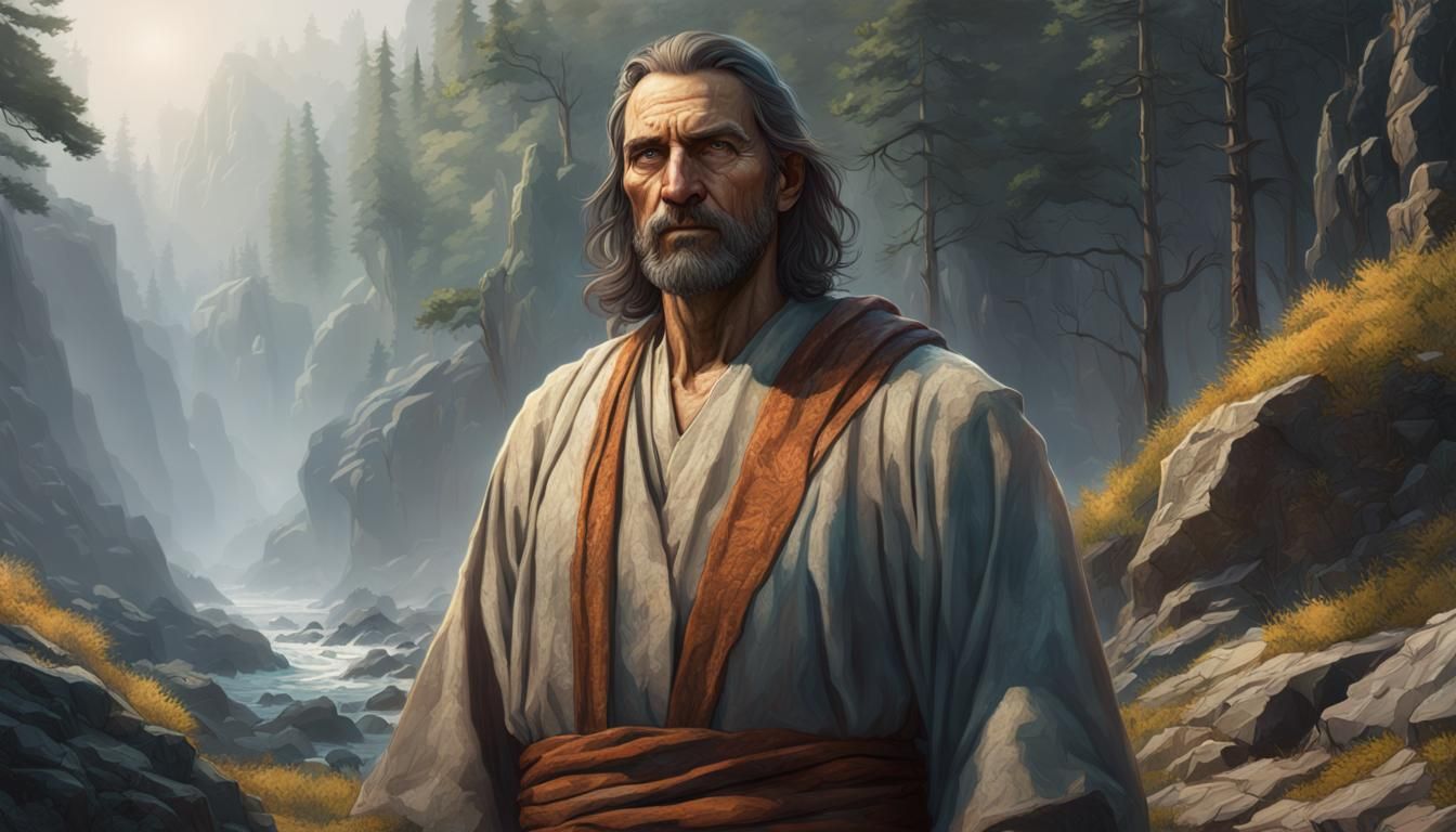 Man in Robe Portrait in Rocky Forest