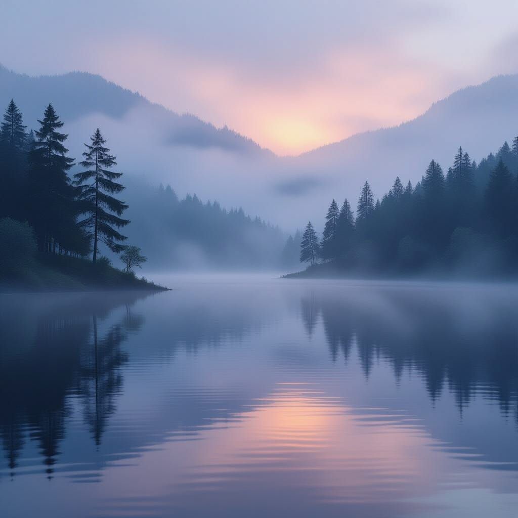 Mystical Foggy Lake at Dawn: Detailed Matte Painting