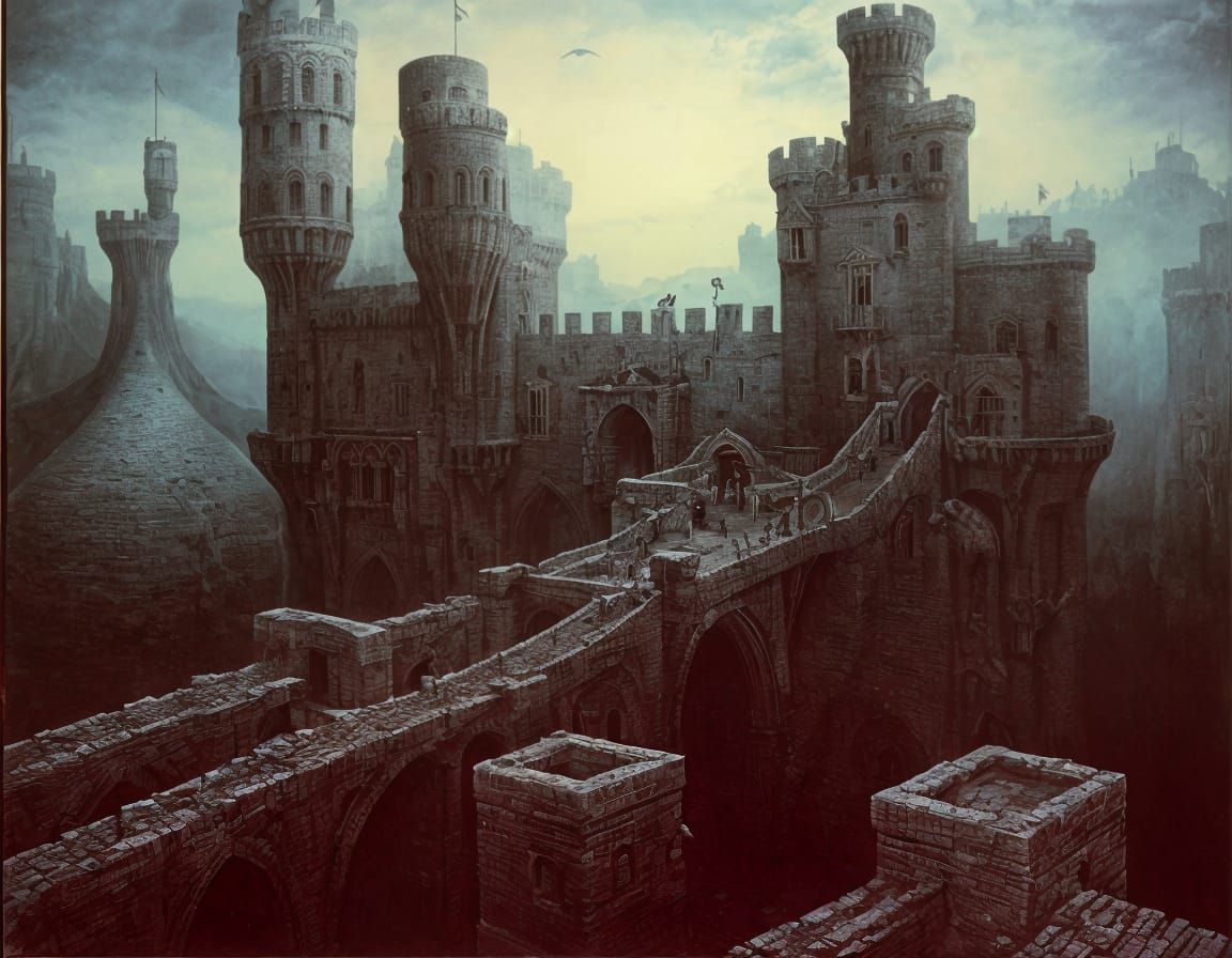 Surreal Castle with Drawbridges: A Dark Dreamscape