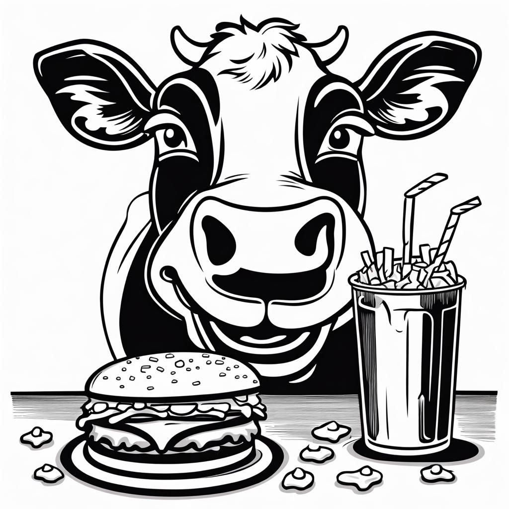 Happy Cow Enjoys Burger: Black and White Cartoon