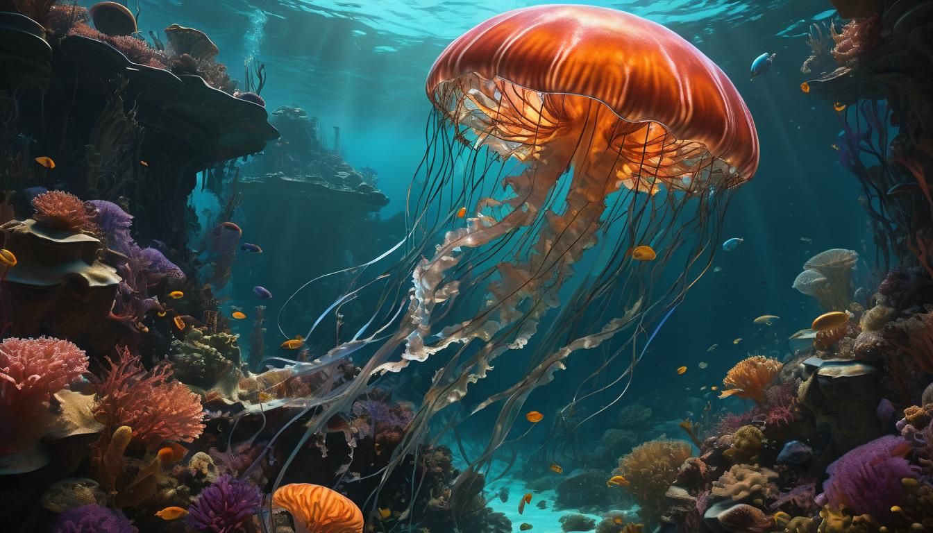 Diver and Colossal Jellyfish in Fluorescent Light