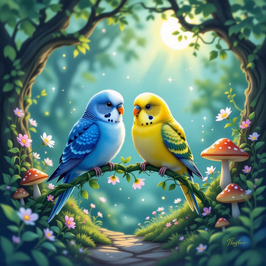 Two Budgies in a Magical Fairy Garden at Twilight