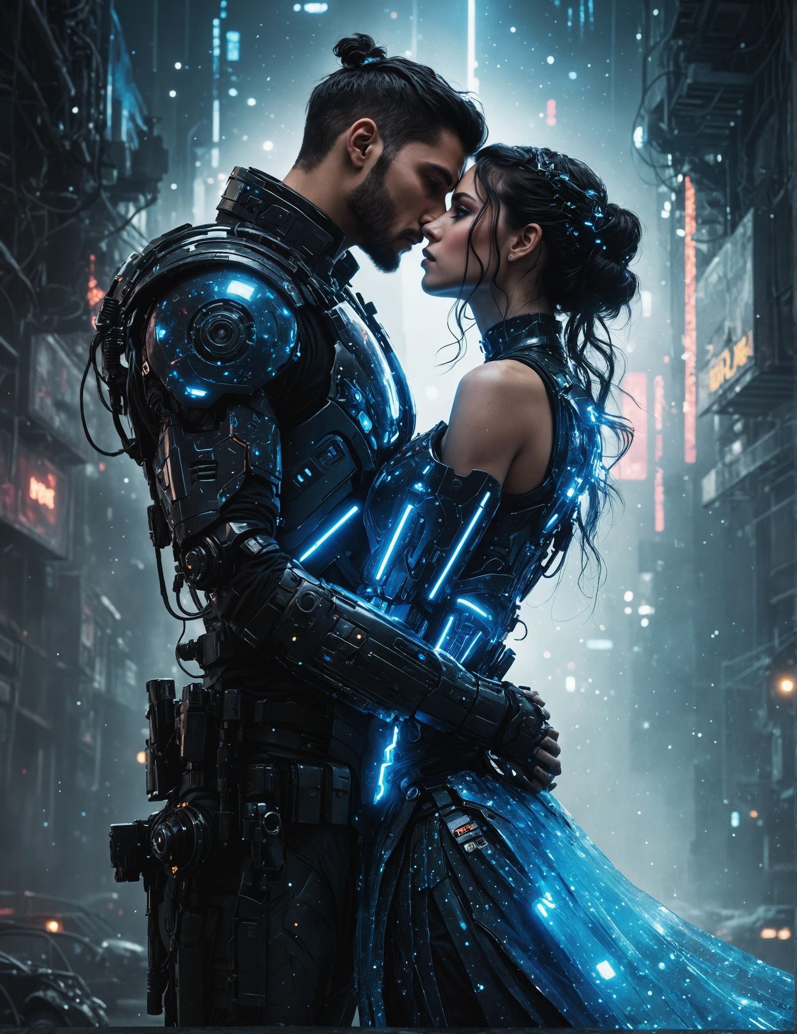 Cyborg Kiss in Dystopian Cyberpunk Cityscape