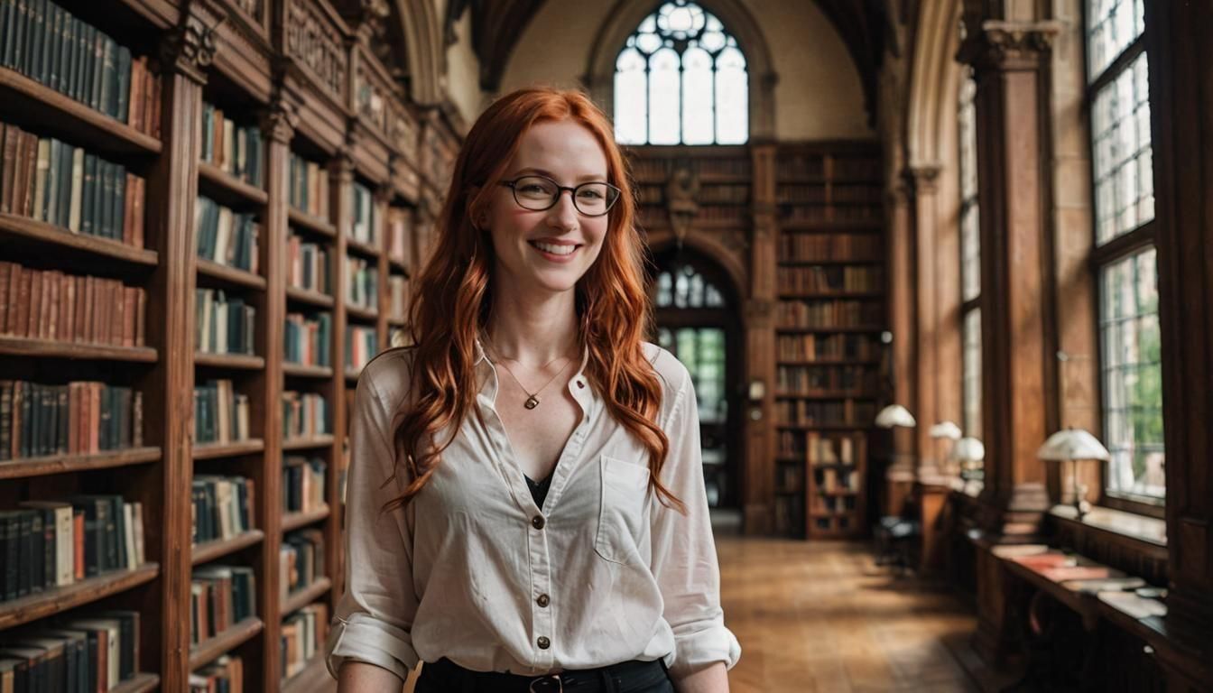 Red-Haired Woman in Gothic Library, Professional Photography