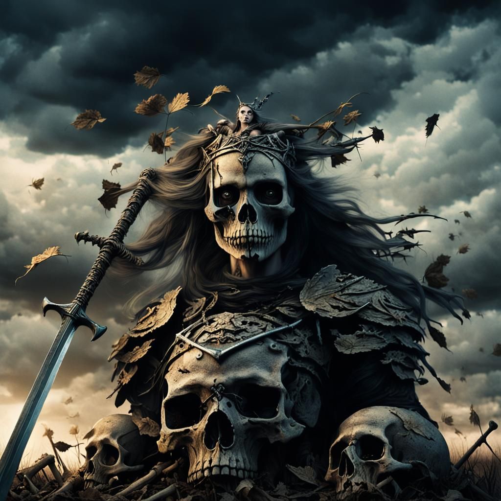 Warrior Princess in a Haunted Landscape of Bones and Skulls