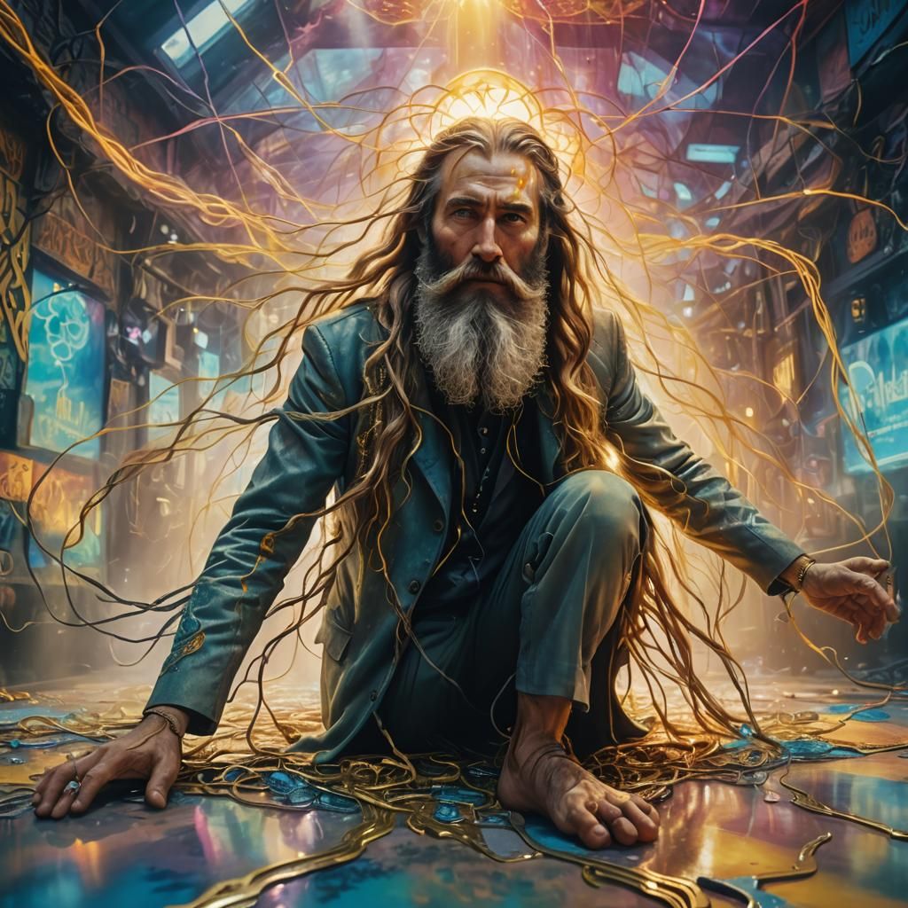 Surreal Man with Extremely Long Beard in Cyberpunk City