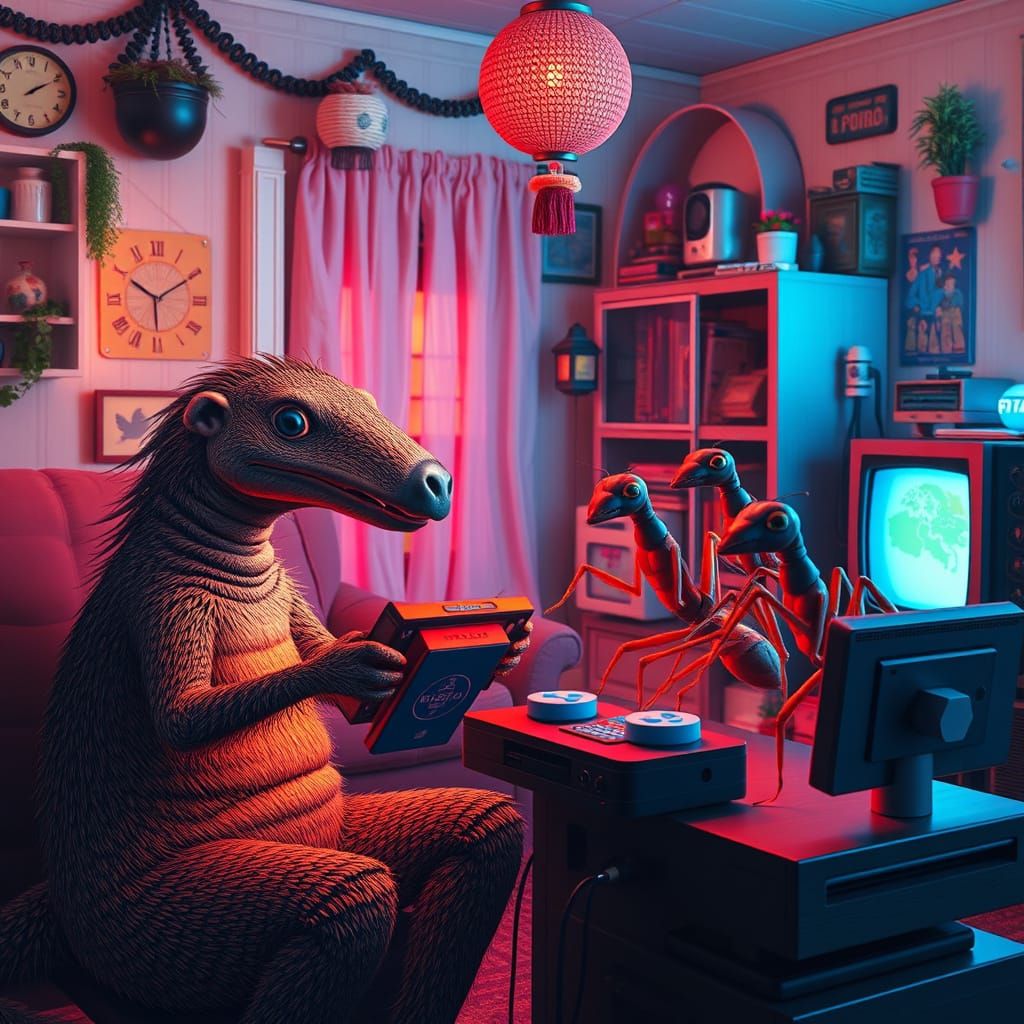 Surreal 80s Anteater & Ant Family Play Video Games