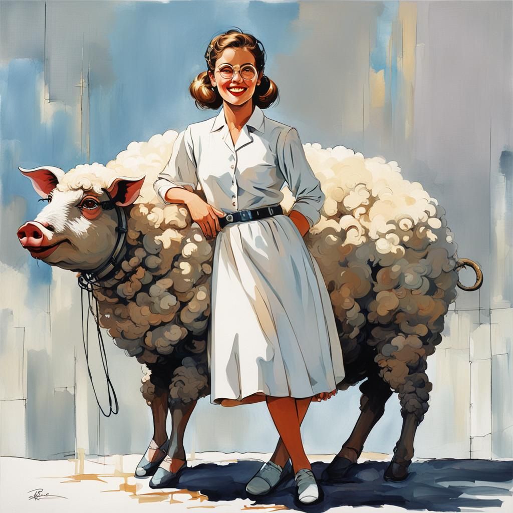 Woman Riding Sheep in Abstract Art Style