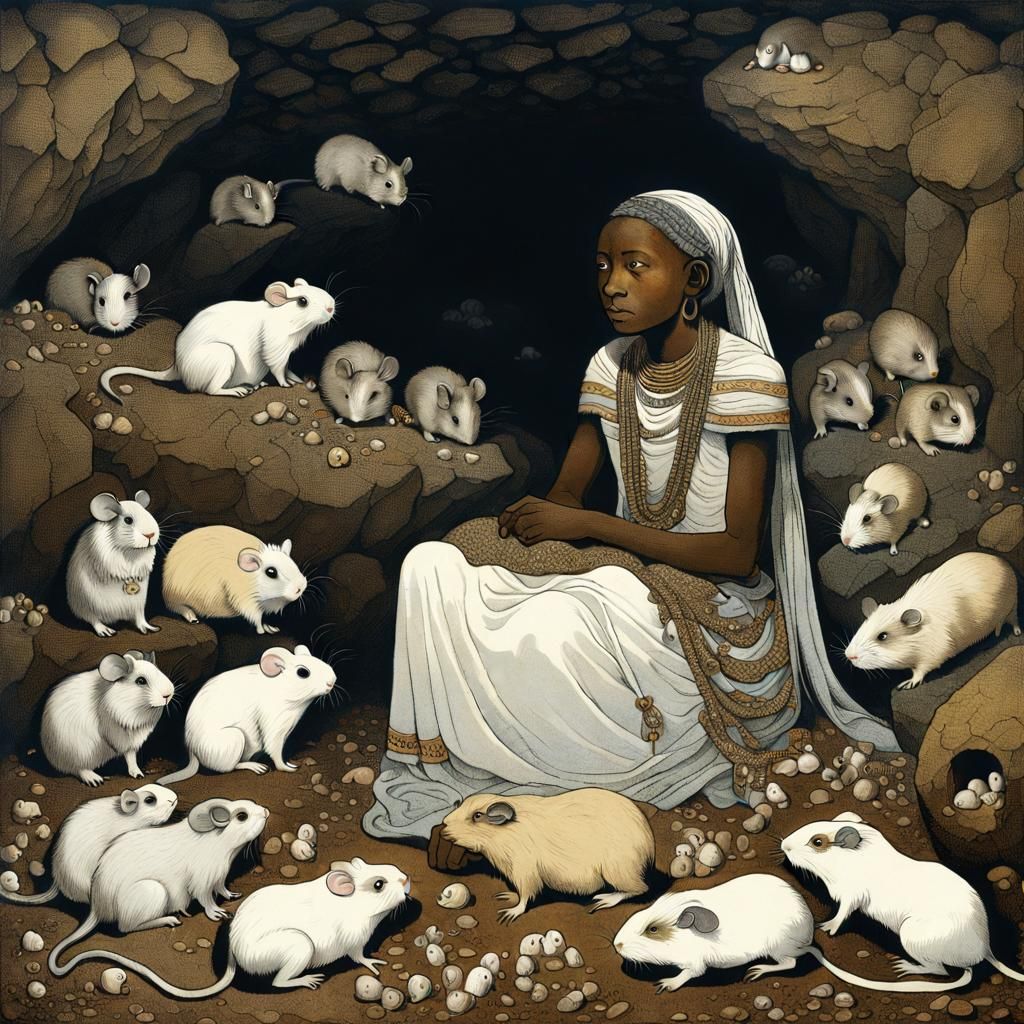 Mystical Maasai Woman in Cavern with Animals