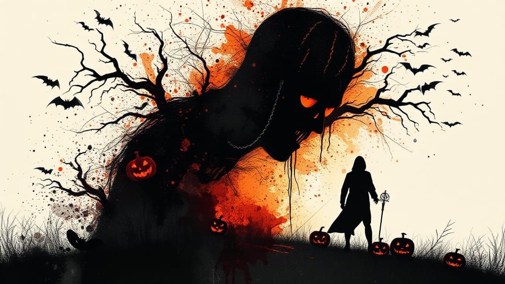 Halloween Scene in Double Exposure Ink Splatter Art