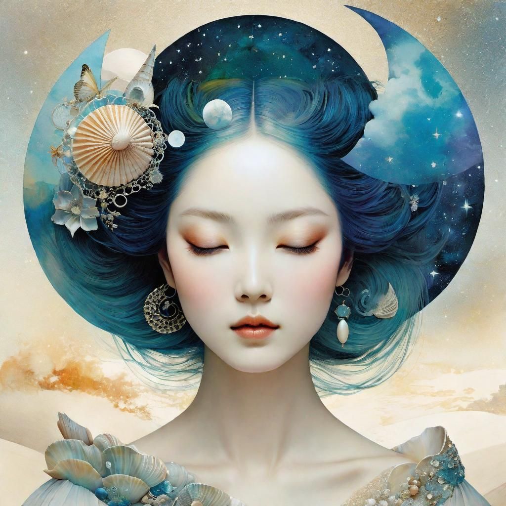 Dreamlike Seashell Eyes: Ink and Watercolor Collage