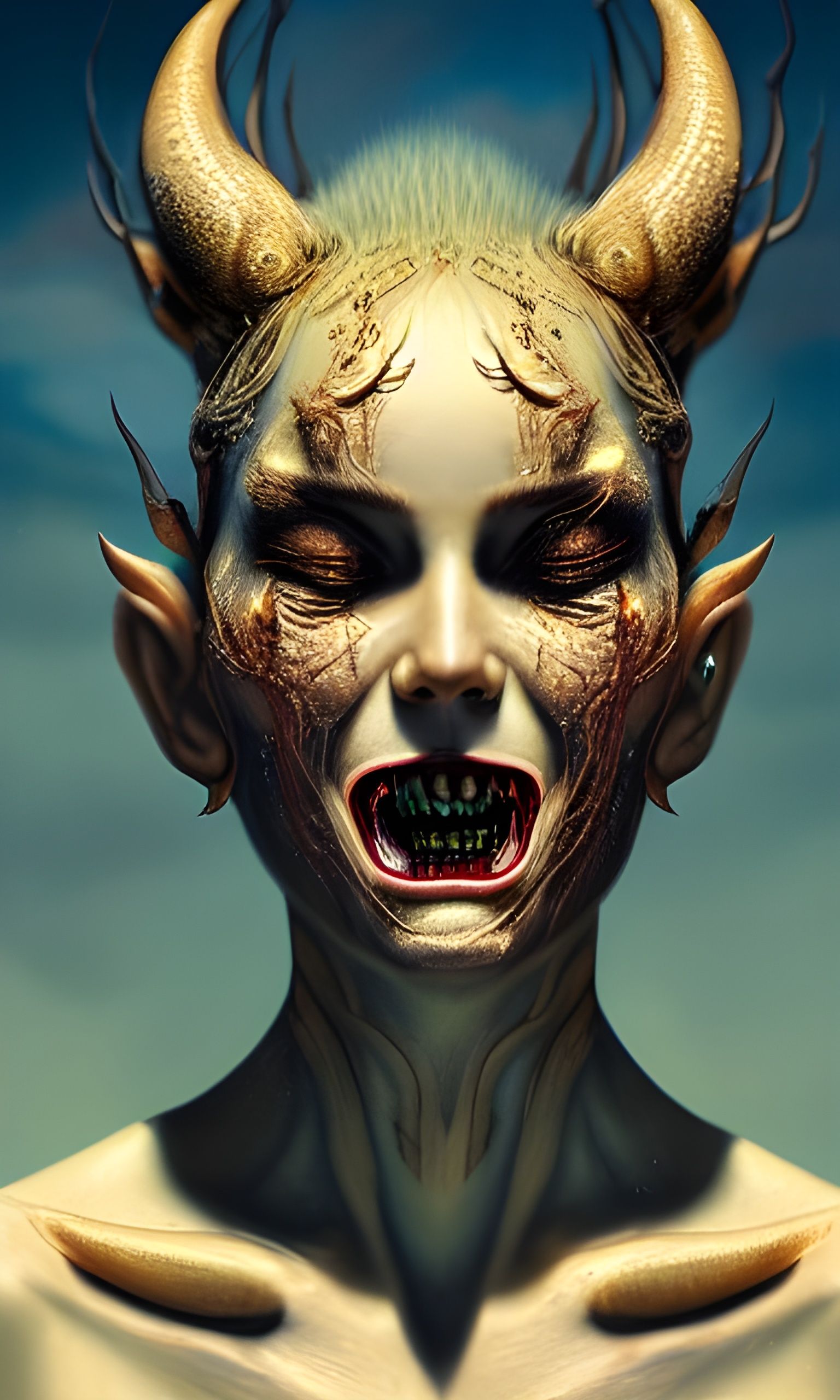 Fanged She-Demon in Golden Light, Art Nouveau Style