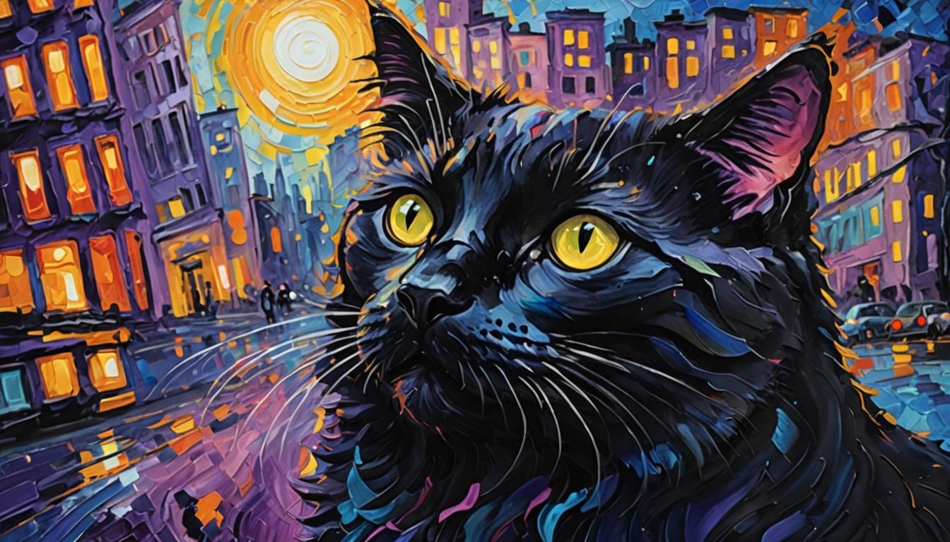 Mystical Black Cat in Fauvist Expressionist Cityscape