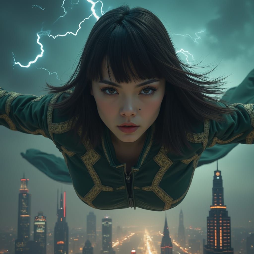 Serene Galactic Goddess soars through a Cosmic Cityscape