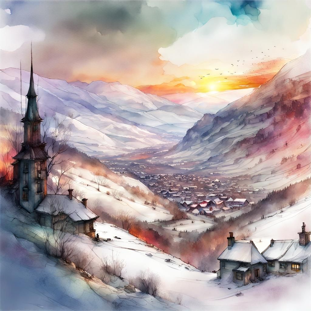 Snowy Valley: A Digital Watercolor Fantasyscape
