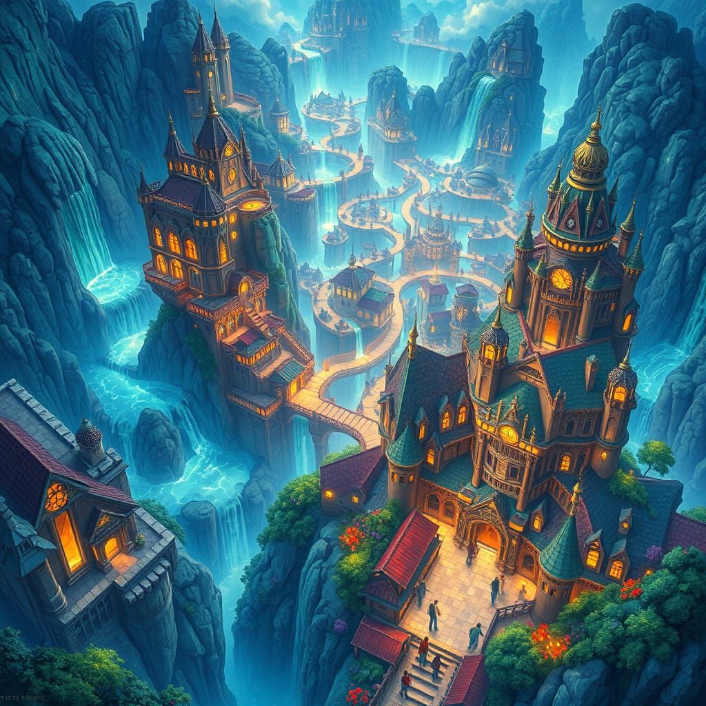 Glowing Fantasy City Map: Art Nouveau Concept Art
