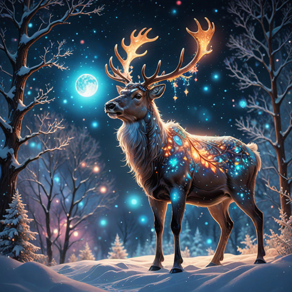 Majestic Reindeer Illuminates Winter Wonderland in Cosmic Sp...