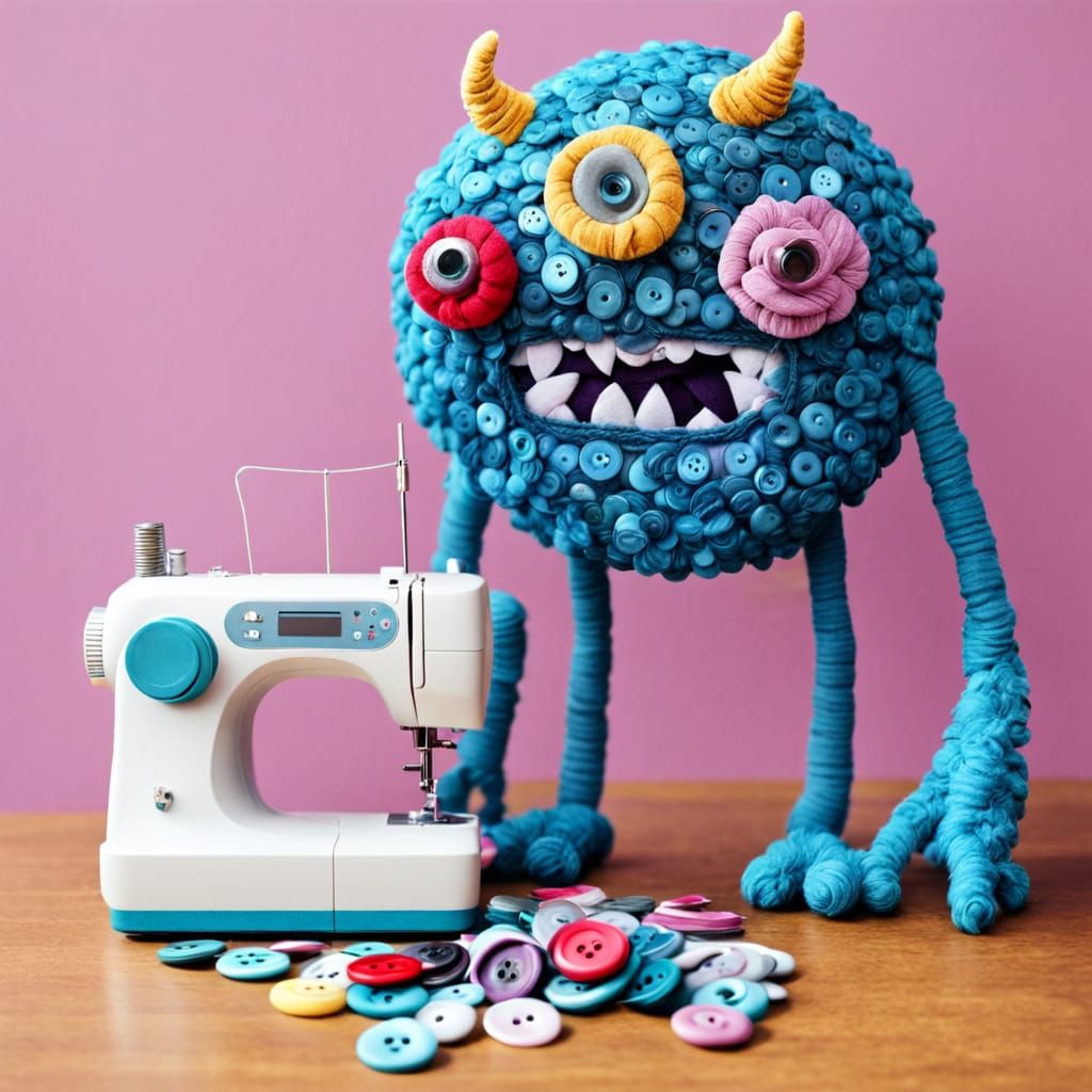Whimsical Steampunk Monster Beside Vintage Sewing Machine