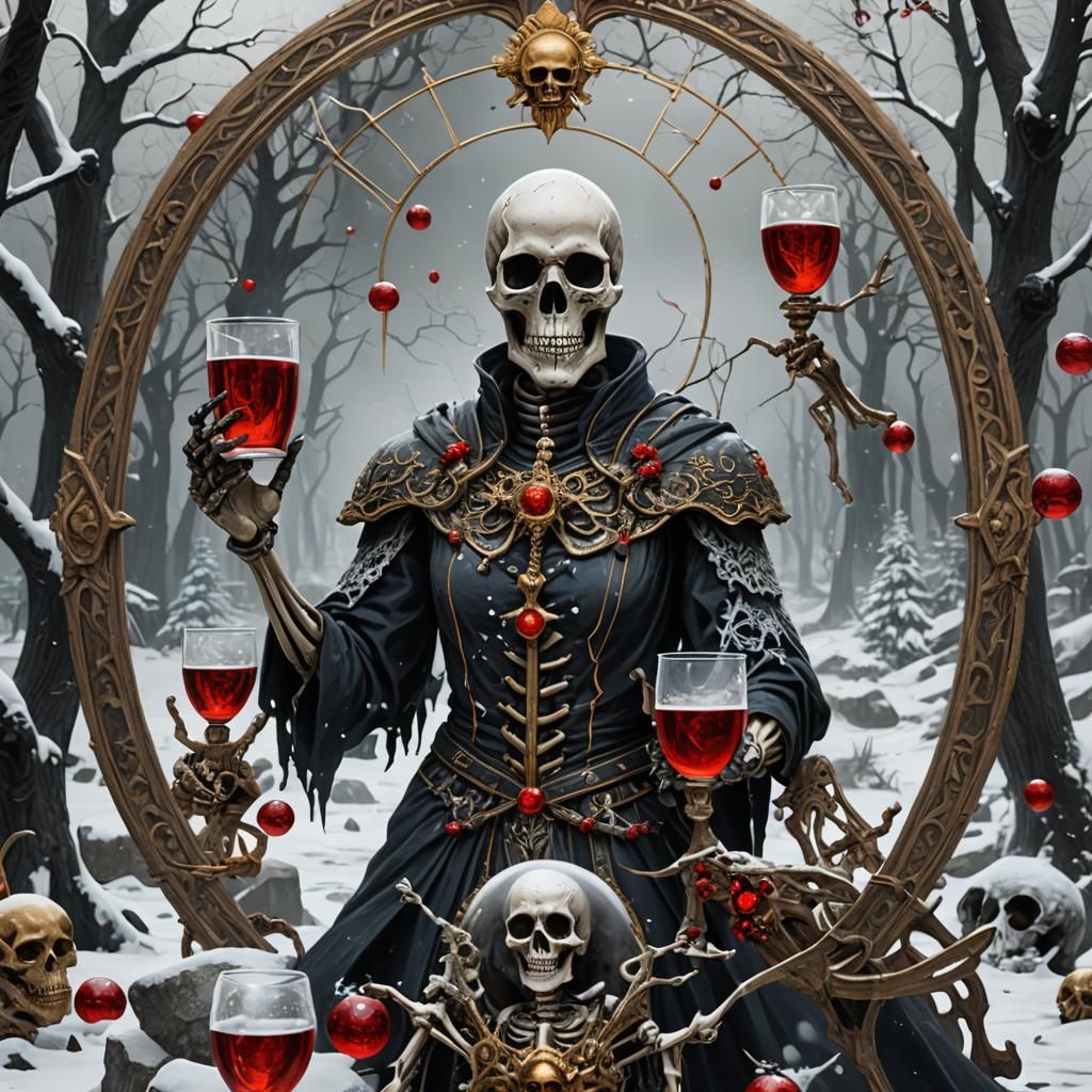 Temperance Tarot Card with Skulls and Magic Symbols