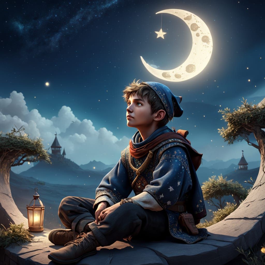 Young Boy Under Crescent Moon in Vibrant Starry Sky