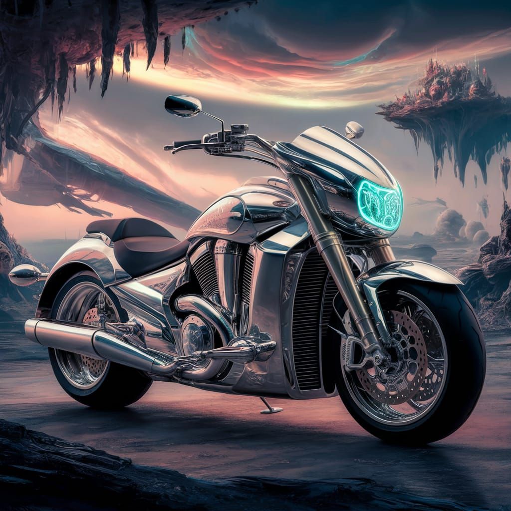Futuristic Chrome Motorcycle in Fantasy Landscape