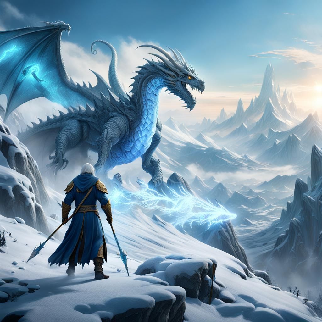 Ice Wizard Battles Dragon in High-Fantasy Landscape