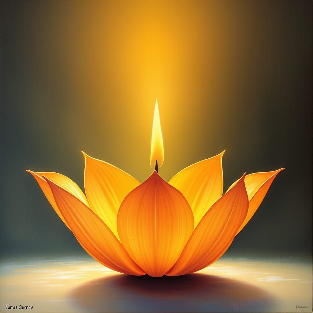 Golden Lotus Candle in Soft Oil Painting Style
