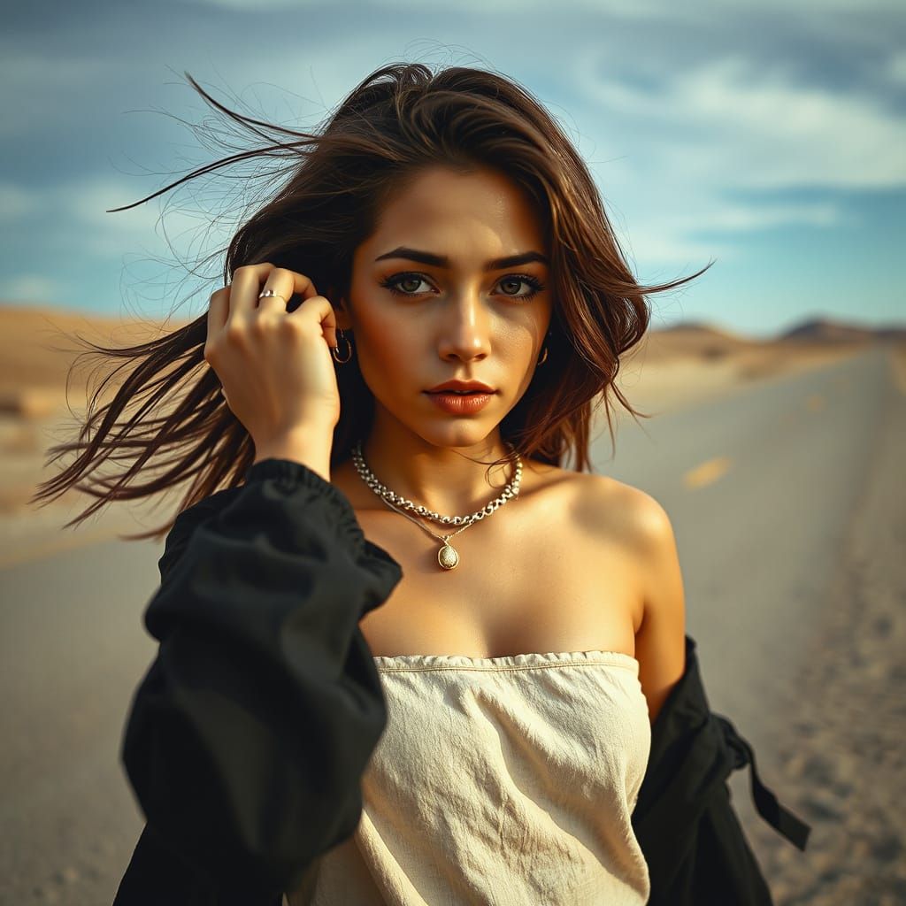 Stunning Woman Brushing Hair in Windswept Scene