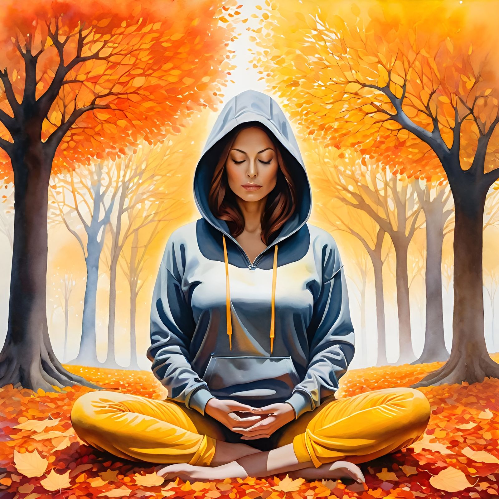 Mysterious Woman Meditating in Autumnal Haze