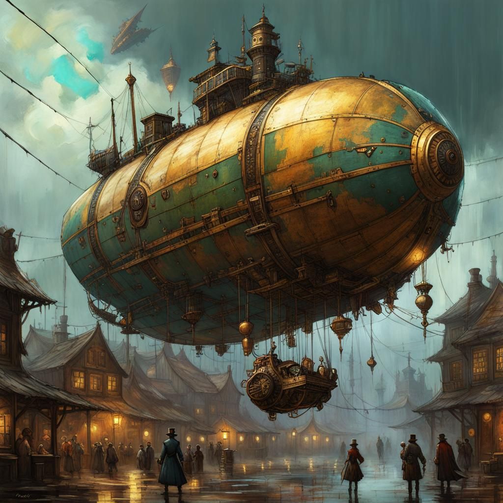 Steampunk Blimp in Raining Cats Fantasy Art