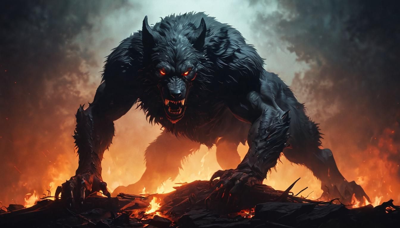 Night Lycanthrope in Burning Carpathian Landscape