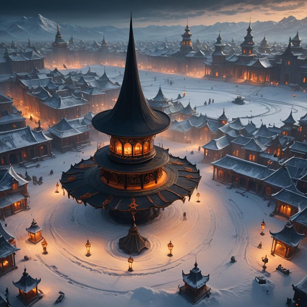 Ornate Black Hat in Snowy Square, Digital Matte Painting