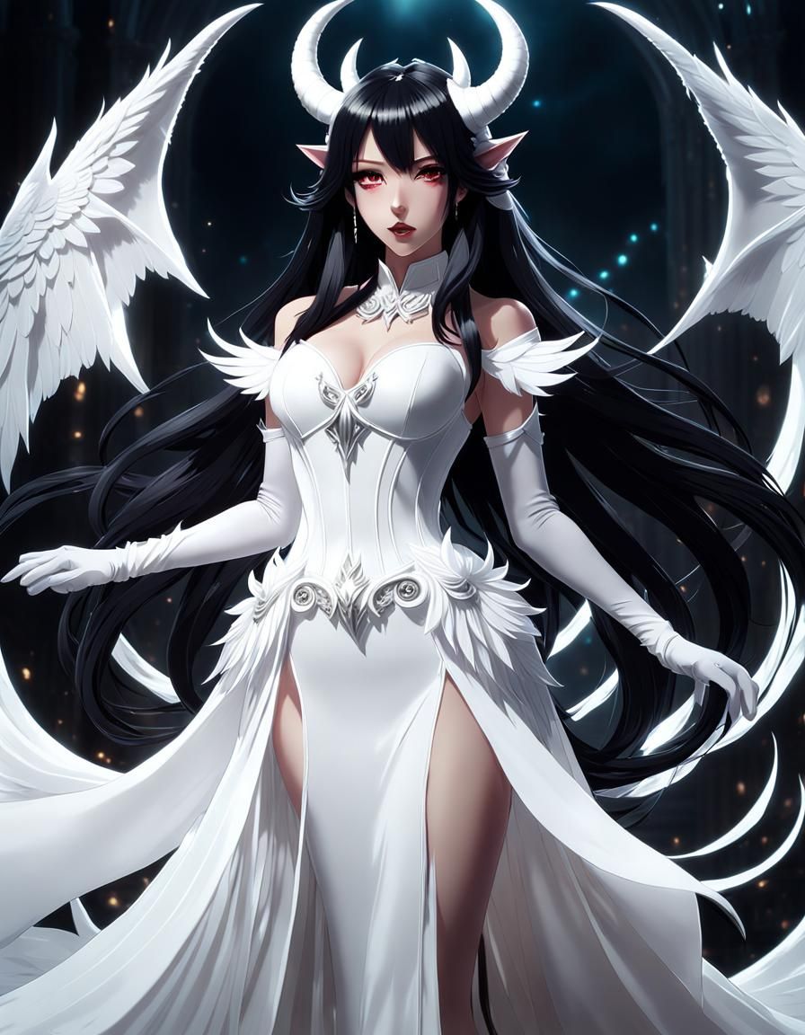 Anime Demon Girl in White Dress and Gloves