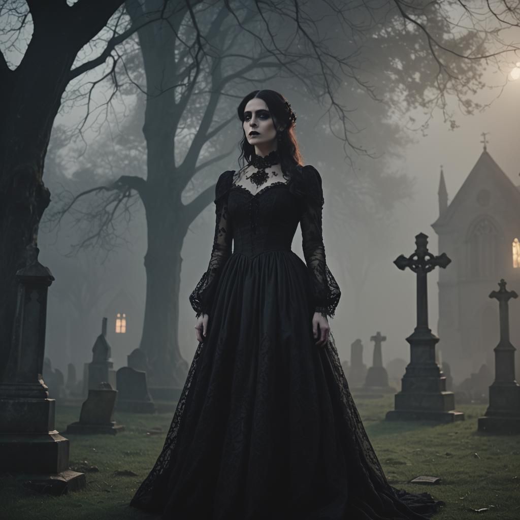 Gothic Woman in Victorian Dress in Moonlight