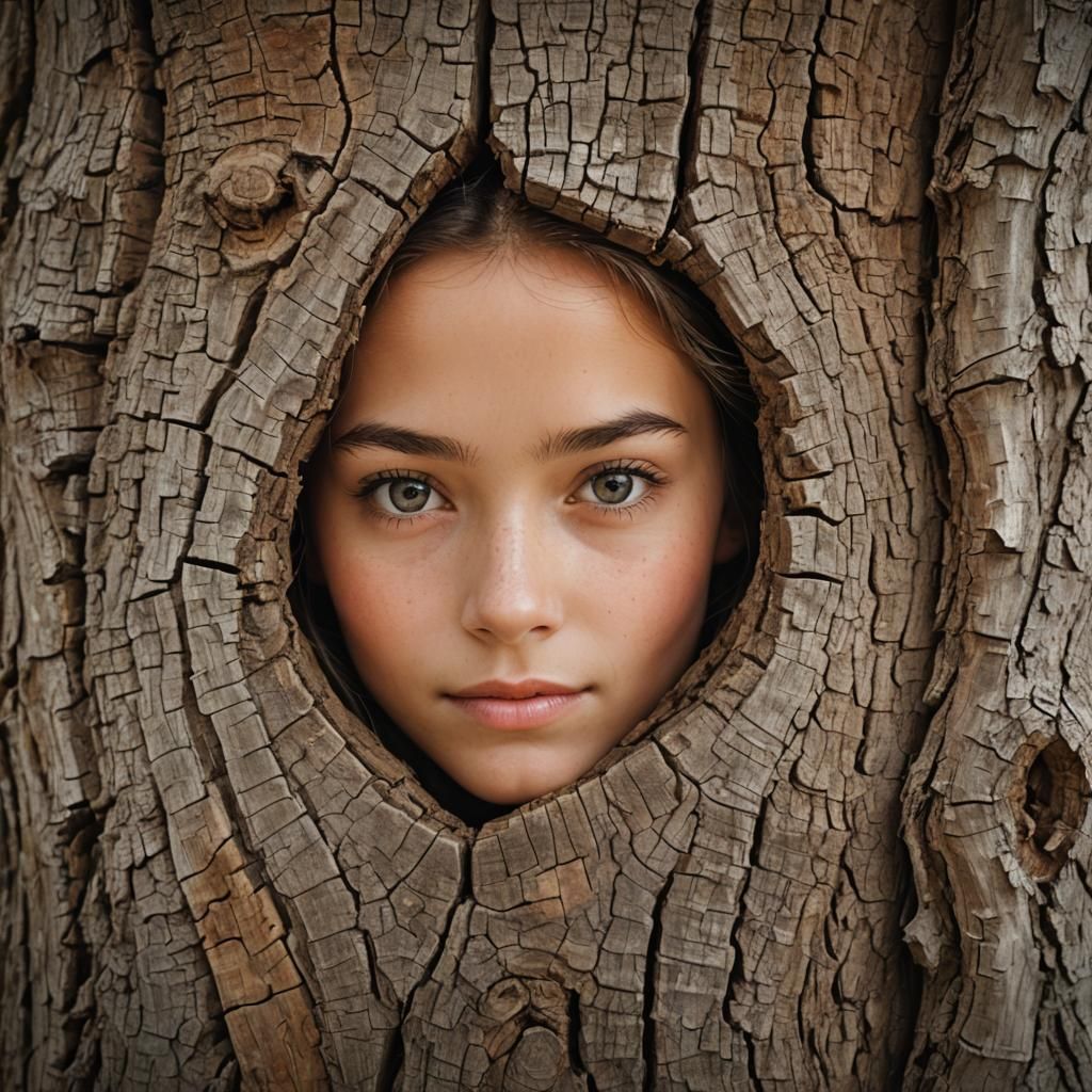 Girl's Face in a Tree Trunk