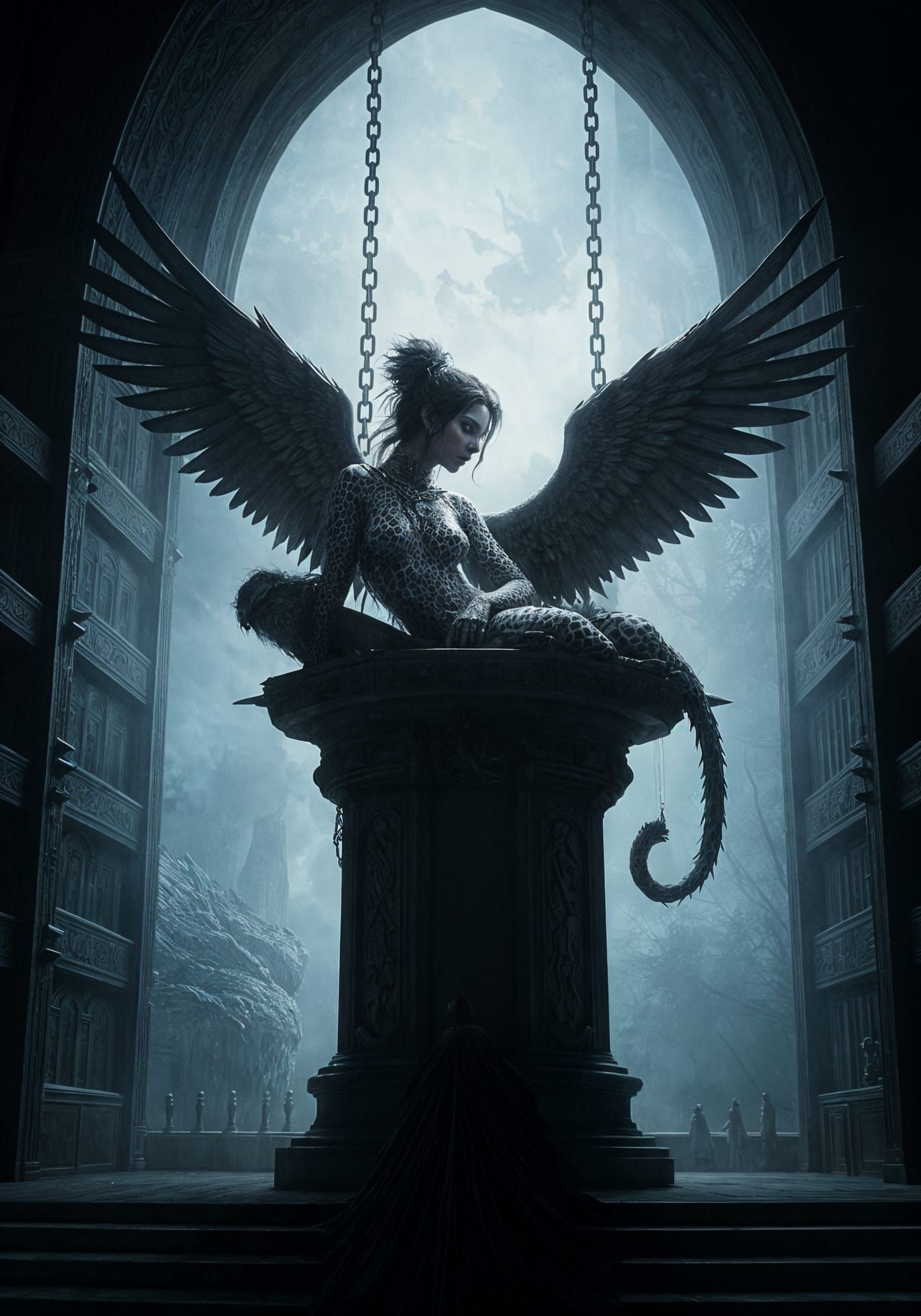 Majestic Feline Woman on Pedestal in Dark Dungeon